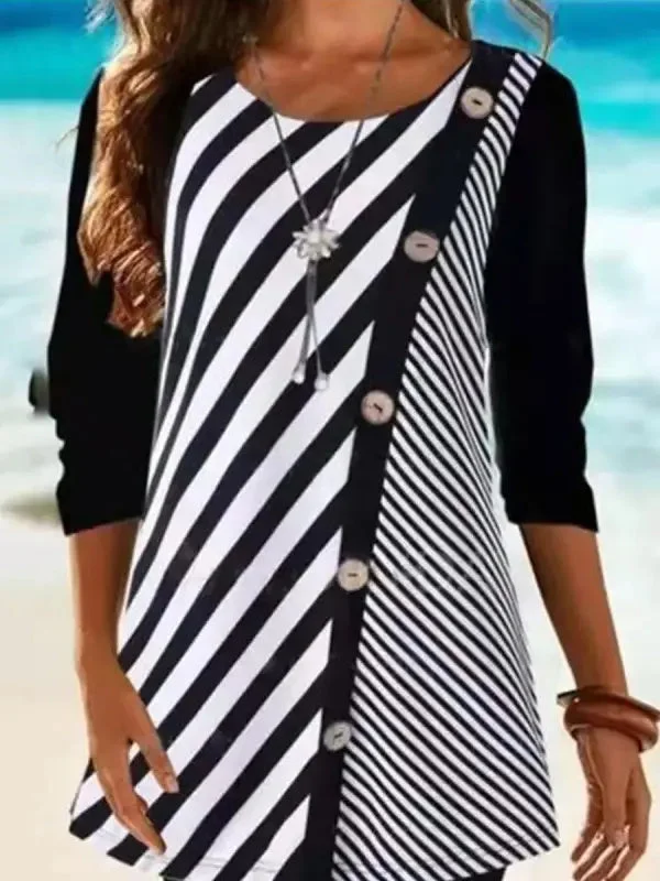 Women Long Sleeve Scoop Neck Striped Button Graphic Top