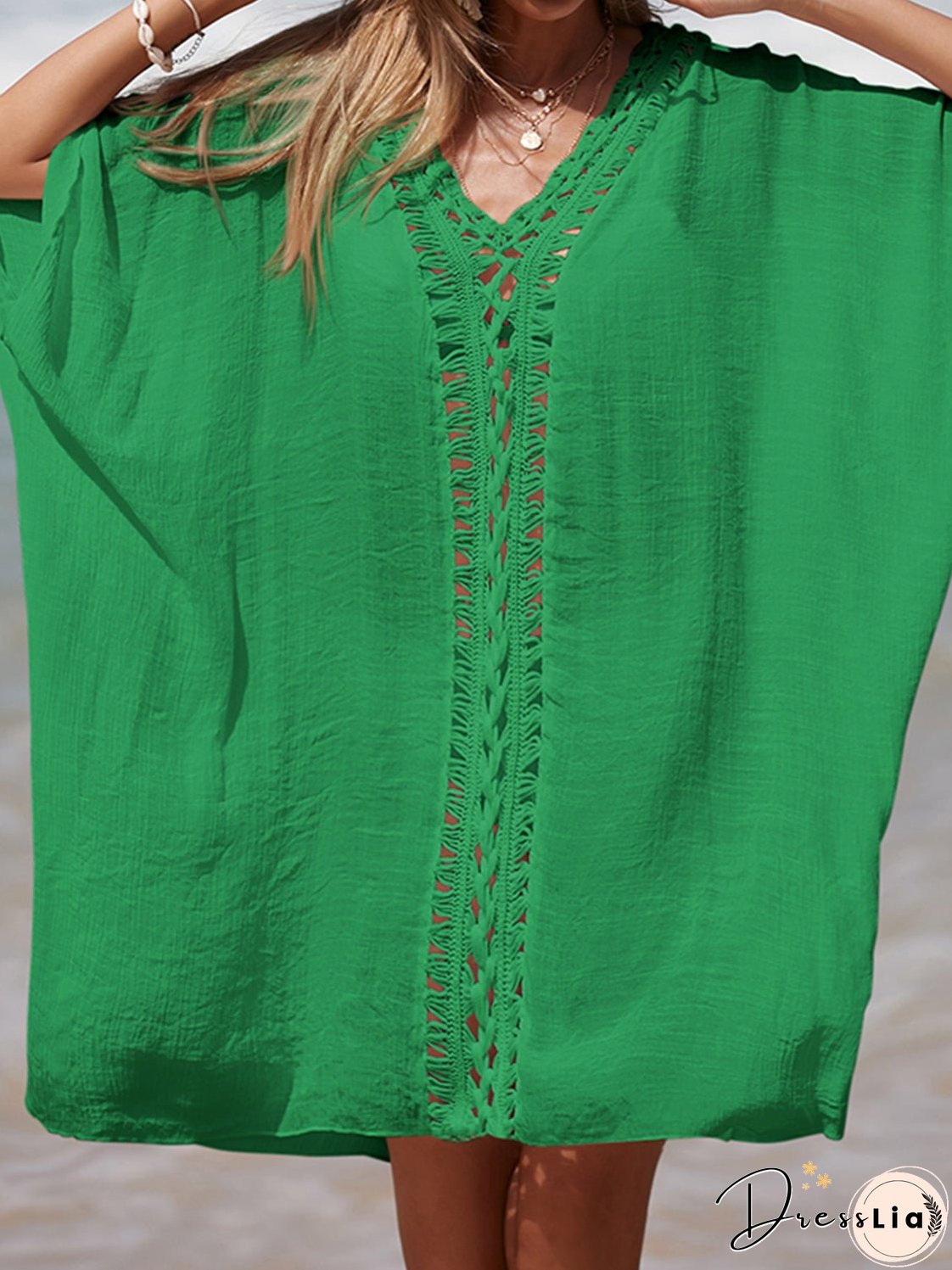 Cutout V-Neck Three-Quarter Sleeve Cover Up