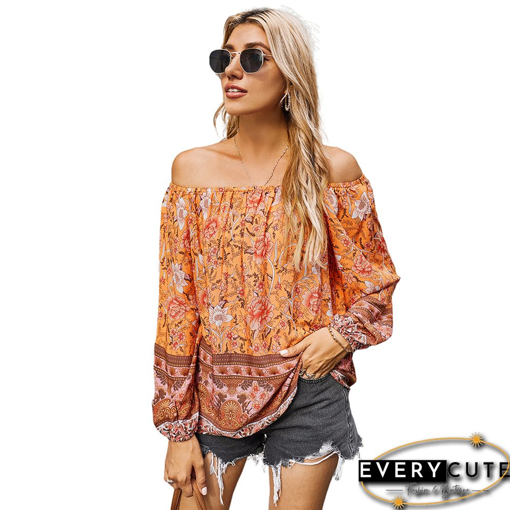 Orange Off Shoulder Floral Print Blouse