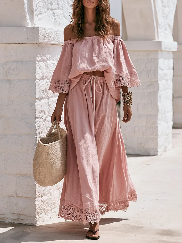Bohemian Off-shoulder Lace-trimmed Three-quarter Sleeve Top And Skirt Cotton-linen Set