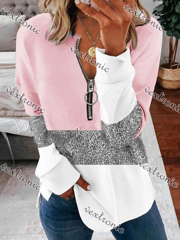 Women's V-neck Long Sleeve Pink Colorblock Graphic Printed Top