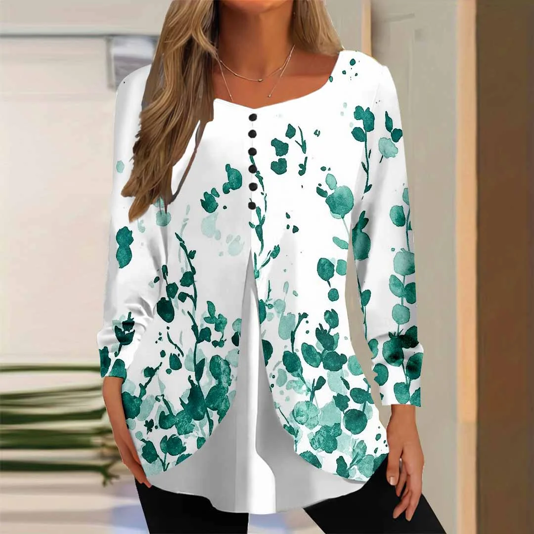 Women Floral,Green DZGG8369 Long Sleeve Scoop Neck Printed Graphic Button Fake 2in1 Tops