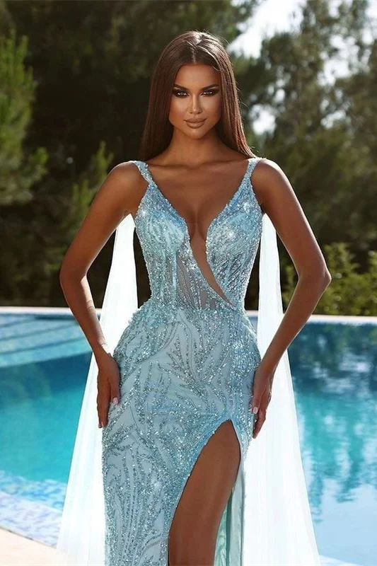 Daisda Sky Blue Spaghetti-Strap Beadings Mermaid V-Neck Prom Dress Sequins With Split