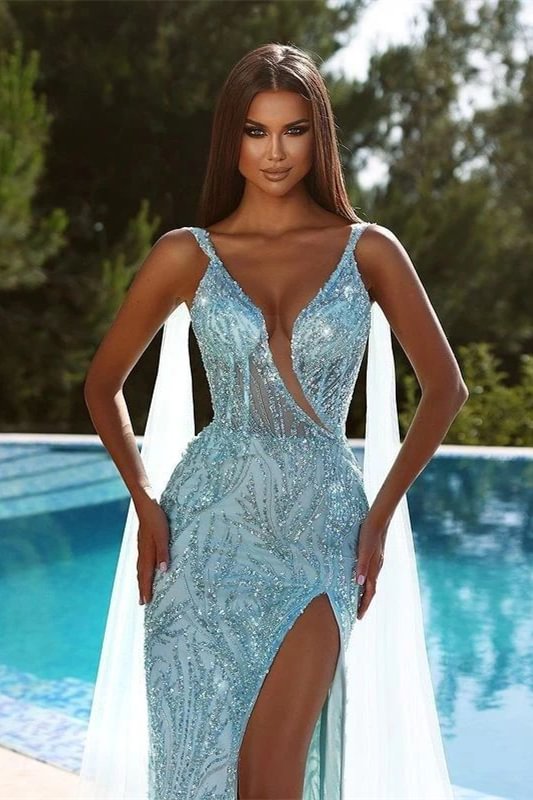 Sky Blue Spaghetti-Strap Slit Mermaid V-Neck Prom Dress Sequins With Beadings |Ballbellas Ballbellas