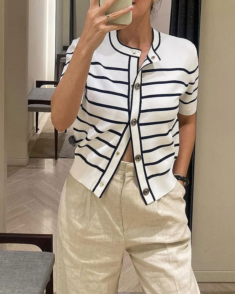 Solid Color Striped Buttoned Casual Knitted Jacket