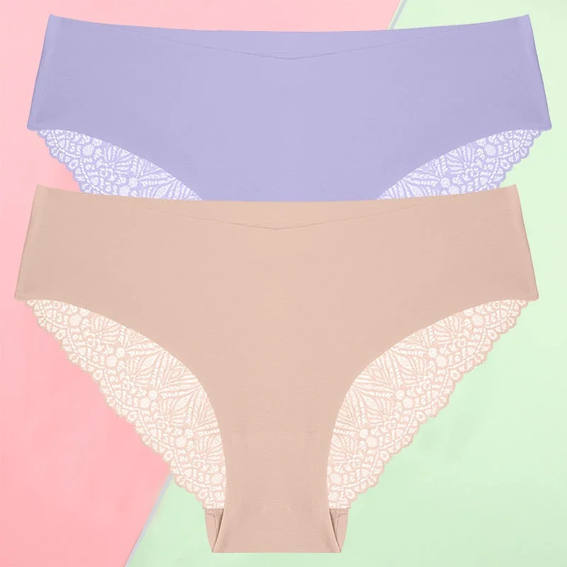 FINETOO 2PCS/Set S-XL Sexy Women Seamless Lace Pantys 6 Solid Colors Breathable Panties Lace Underwear For Girls Thong Lingerie