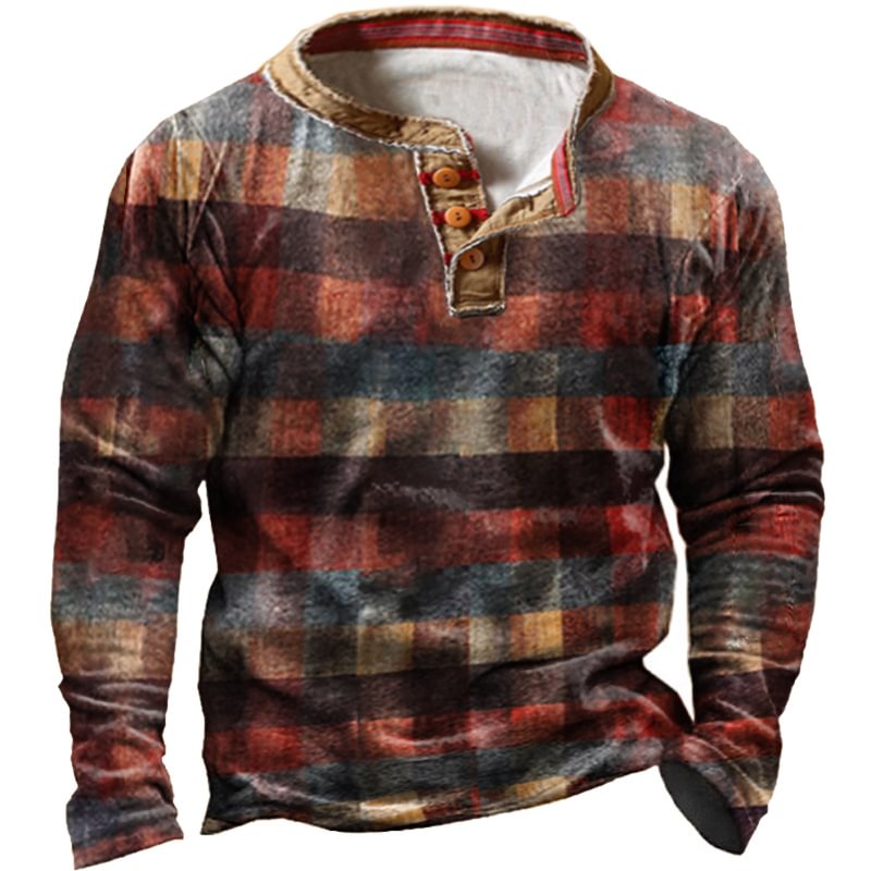 Men's Vintage Check Henley Collar Long Sleeve Sweatshirt-Compassnice®