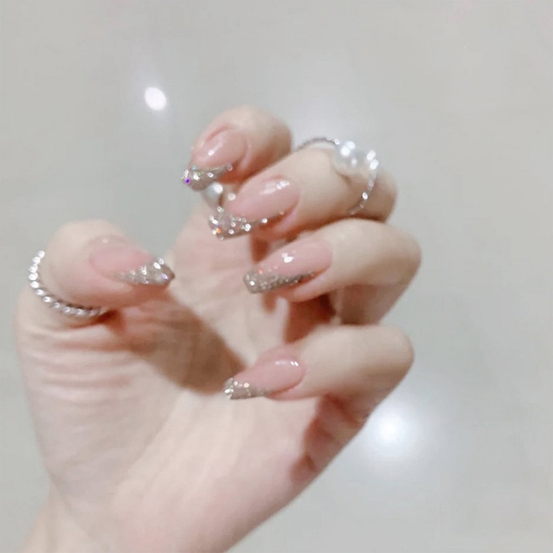 24Pcs Shiny Glitter Detachable False Nails Long Ballerina Pink Wearable Fake Nails Full Cover False Nail Tips with glue design