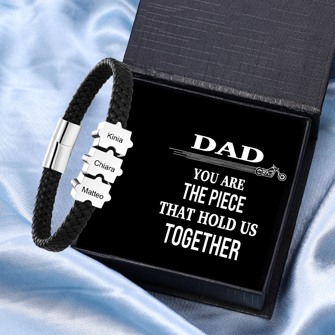 Custom Family Puzzle Bracelet Engrave 3 Names Leather Bracelet Father's Day Gifts for Dad-Jessemade AU