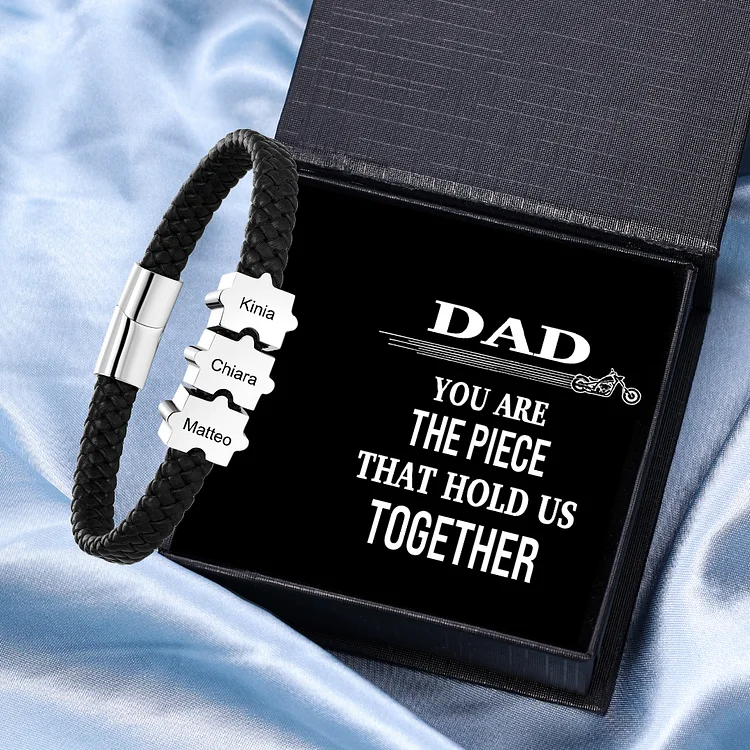 Custom Family Puzzle Bracelet Engrave 3 Names Leather Bracelet Father's Day Gifts for Dad