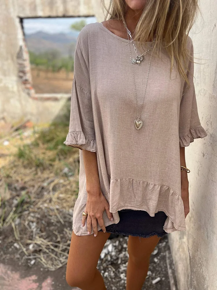 Casual Ruffled Crew-neck Half-sleeved Top