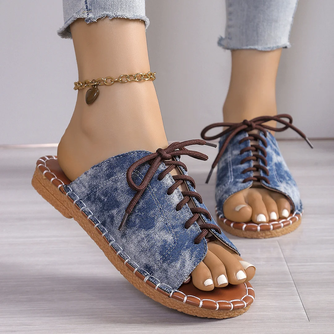 Breakj Breakj 2025 Summer Canvas Korean Version Of Women's Cool Drag Flat And Large Sandals Denim Shoes