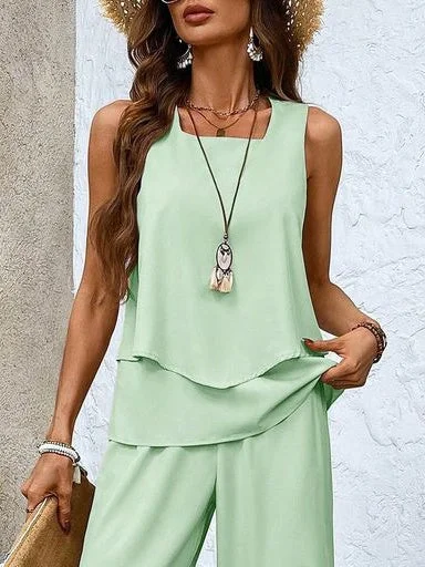 Women's Sleeveless Square Collar Solid Color Casual Set