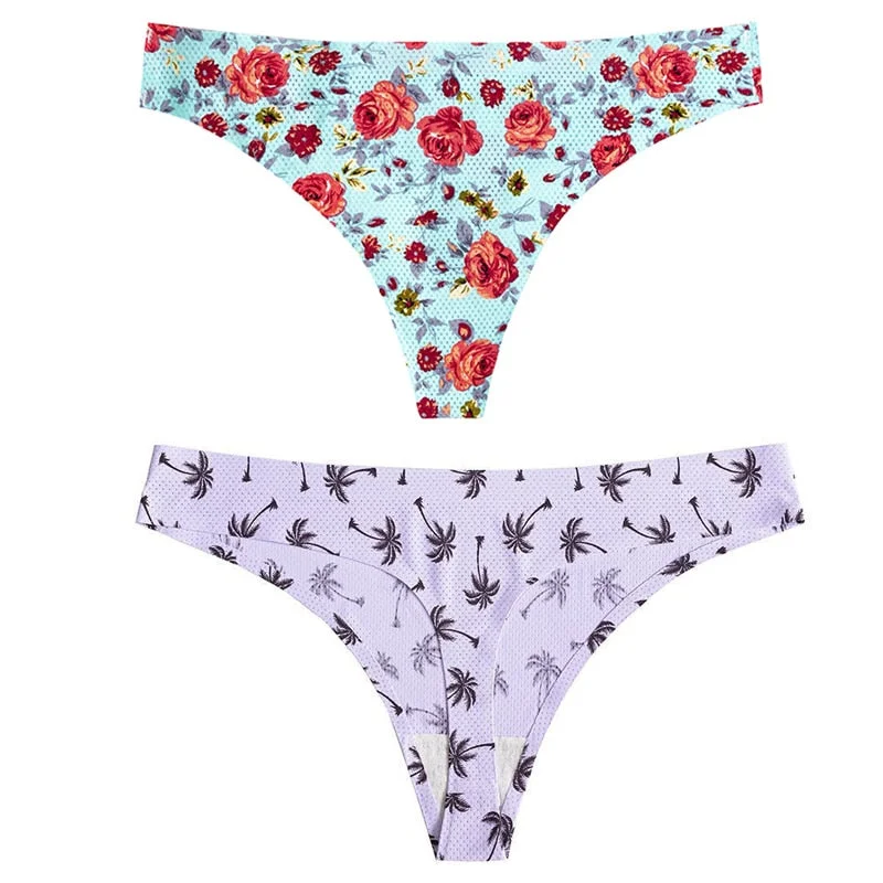 CINOON 2pcs Sexy Flowers Lingerie Woman Knickers Low-waist Panties Thong Seamless Breathable Underwear Female G String Intimates