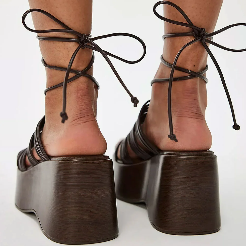 Brown Faux Leather Round Toe Wedge Heel Strappy Lace Up Platform Sandals