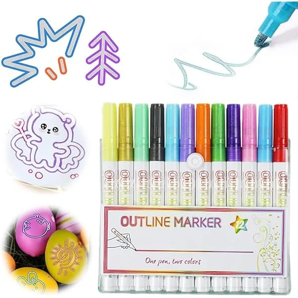 20 Pcs Shimmer Marker Set, 2024 Outline Marker Set, Glitter Gel Double Line Outline Pen Sparkle Markers Colorful Art Pens for Scrapbooking, Coloring and Greeting Cards, Journal Drawing (A - 12Pcs)