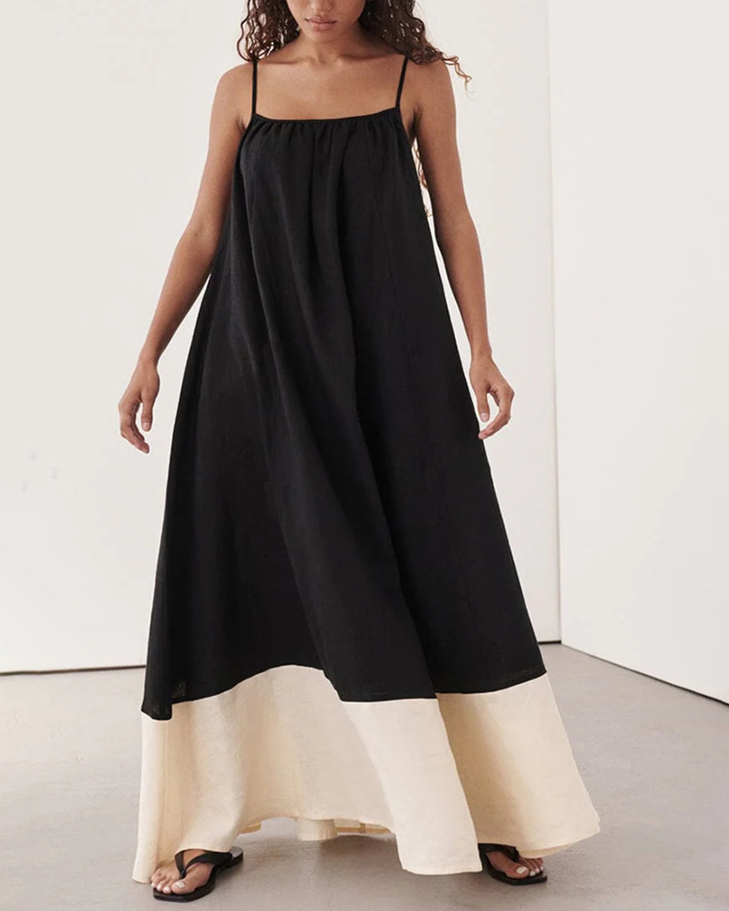 Thin Shoulder Strap Colorblock Loose Maxi Dress