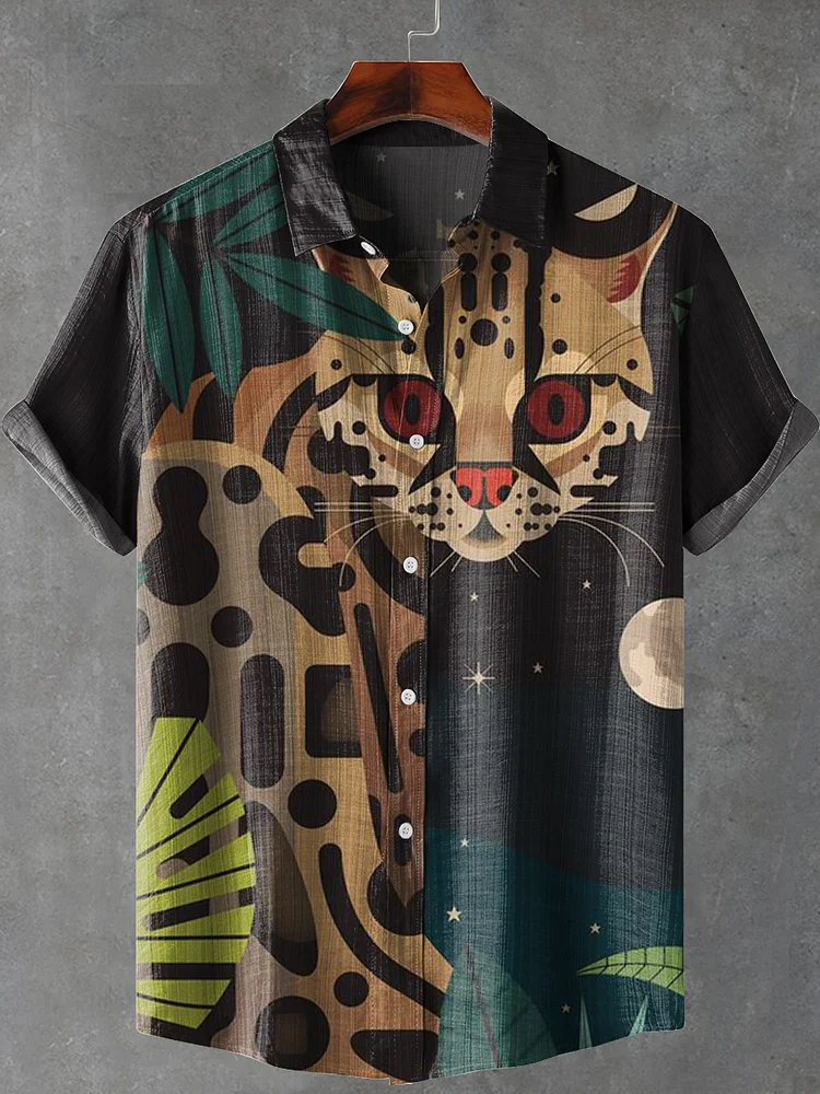 Cute Ocelots and Plants Vintage Print Casual 100% Cotton Shirt