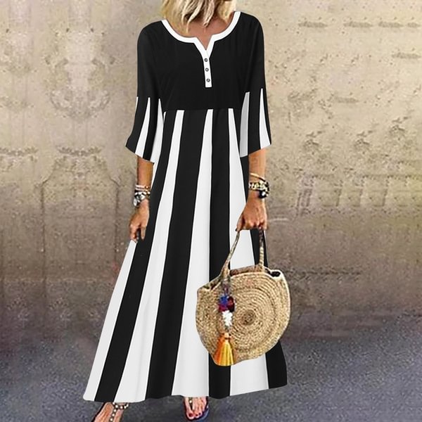 Women's Fashion V Neck 3/4 Sleeve Casual Loose Long Dress Plus Size Striped Dress Vestidos - BlackFridayBuys