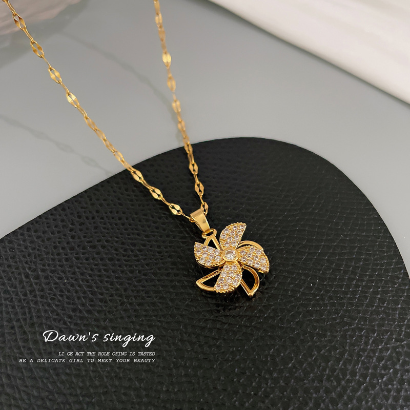 Rotating Windmill Hollow Full Diamond Gorgeous Full Diamond Necklace Women’S Versatile Clavicle Chain Titanium Steel