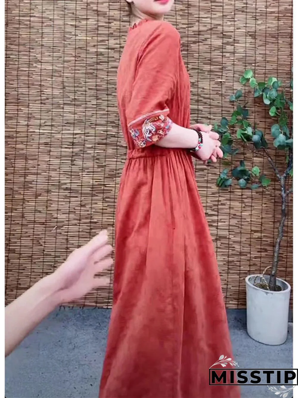 Embroidered V-neck Cotton Linen Dress Loose Lace Up Long Skirt