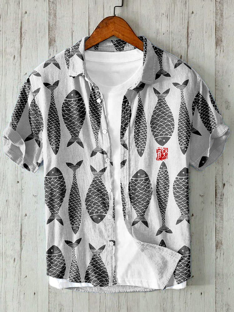 Vintage Fish Art Short Sleeve Linen Blend Shirt  artssus