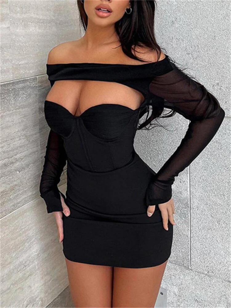 Black Off Shoulder Mini Dresses 2023  Women Mesh Long Sleeve Cutout Low Cut Club Party Dress Hollow Out Vestidos