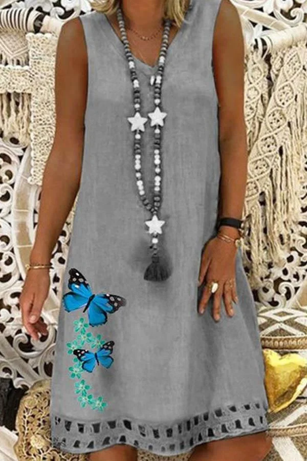 Paneled Sleeveless V-neck Butterfly Print Casual Midi Dress