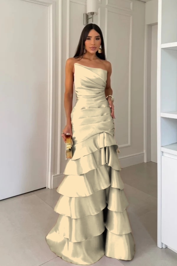 Satin Asymmetric Strapless Sleeveless Long Mermaid Prom Dress With Pleated And Ruffles | YC0376 Wellcucu