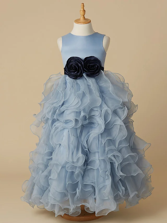  Hellodresses Sleeveless Jewel Neck Ball Gown Floor Length Flower Girl Dress Organza Satin With Bow 