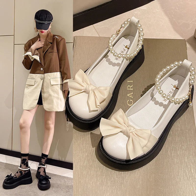 Qengg Women Thick Platform Mary Janes Lolita Shoes Party Pumps Summer 2022 New Sandals Bow Chain Mujer Shoes Fashion Oxford Zapatos