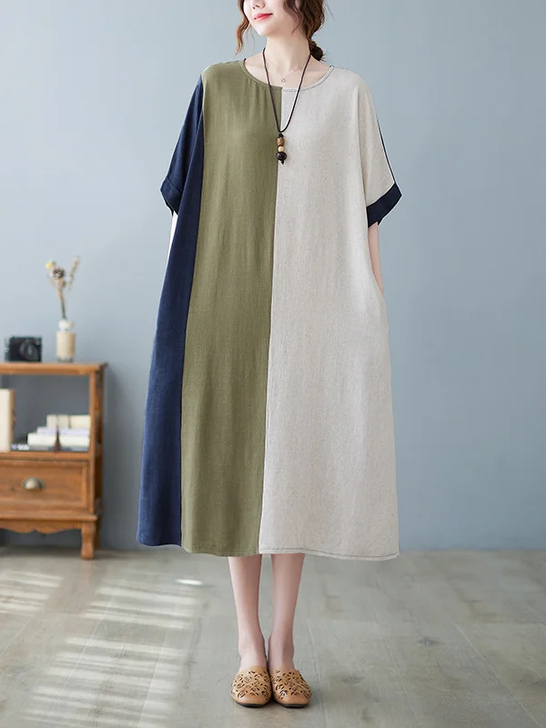 Contrast Color Loose Half Sleeves Round-neck Midi Dresses