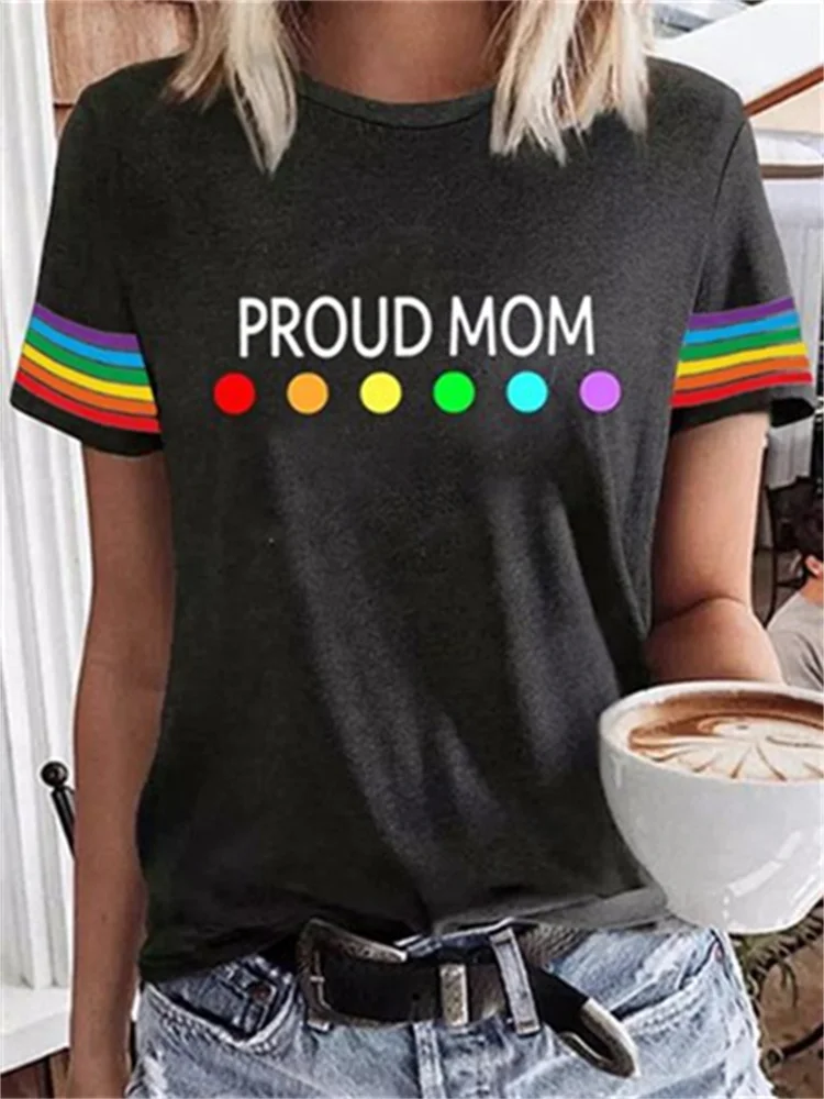 Rainbow Print Proud Mom Crew Neck T Shirt