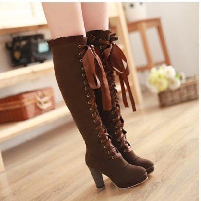 Women's vintage lace cuff front lace knee high chunky high heel boots