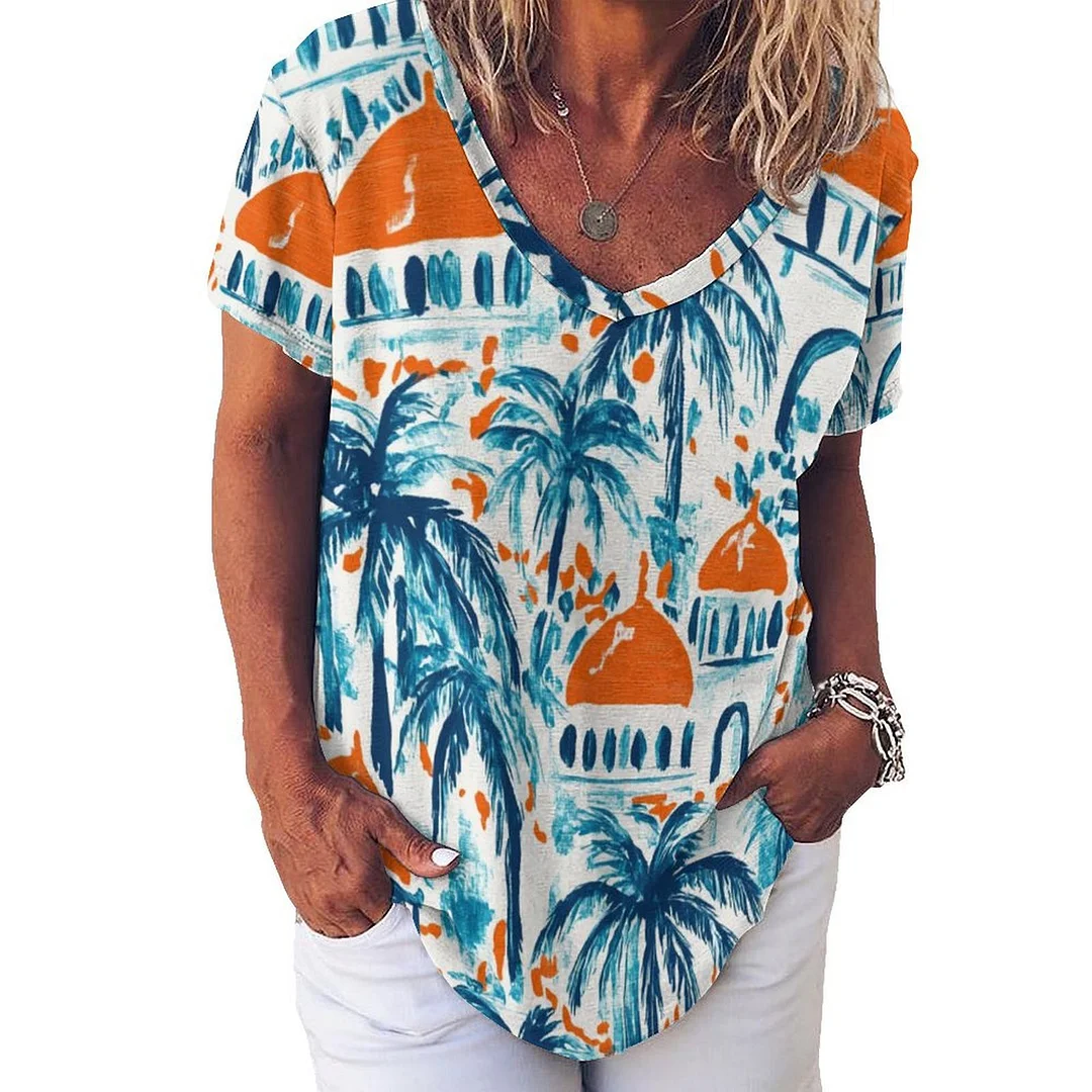 V-neck Short Sleeve Casual T-shirt for  Women Printed with Pattern Tropical, Summer, Blue