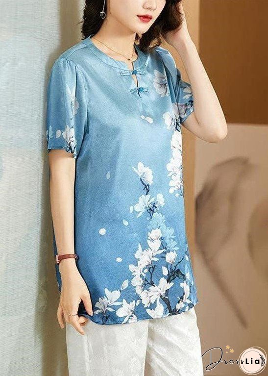 Style Sky Blue O-Neck Oriental Button Floral Print Silk Tank Top Short Sleeve