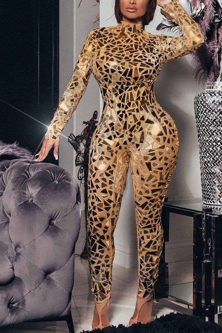 Plus Size Mirror Gold Sequin Party Long Sleeves Jumpsuits [Pre-Order]