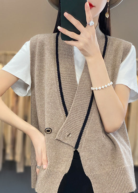 VCSHOES Camel V Neck Asymmetrical Thick Knit Waistcoat Sleeveless