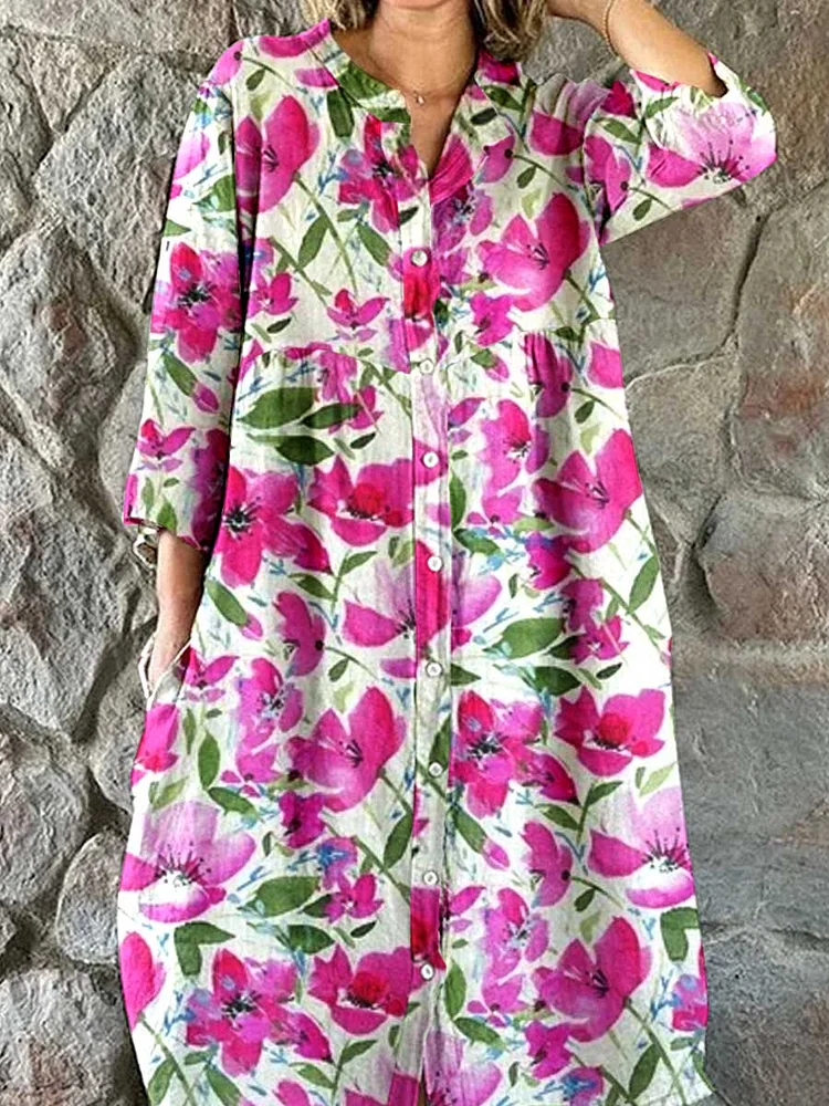 Womens Resort Art Floral  Pattern Cotton Shirt Dress