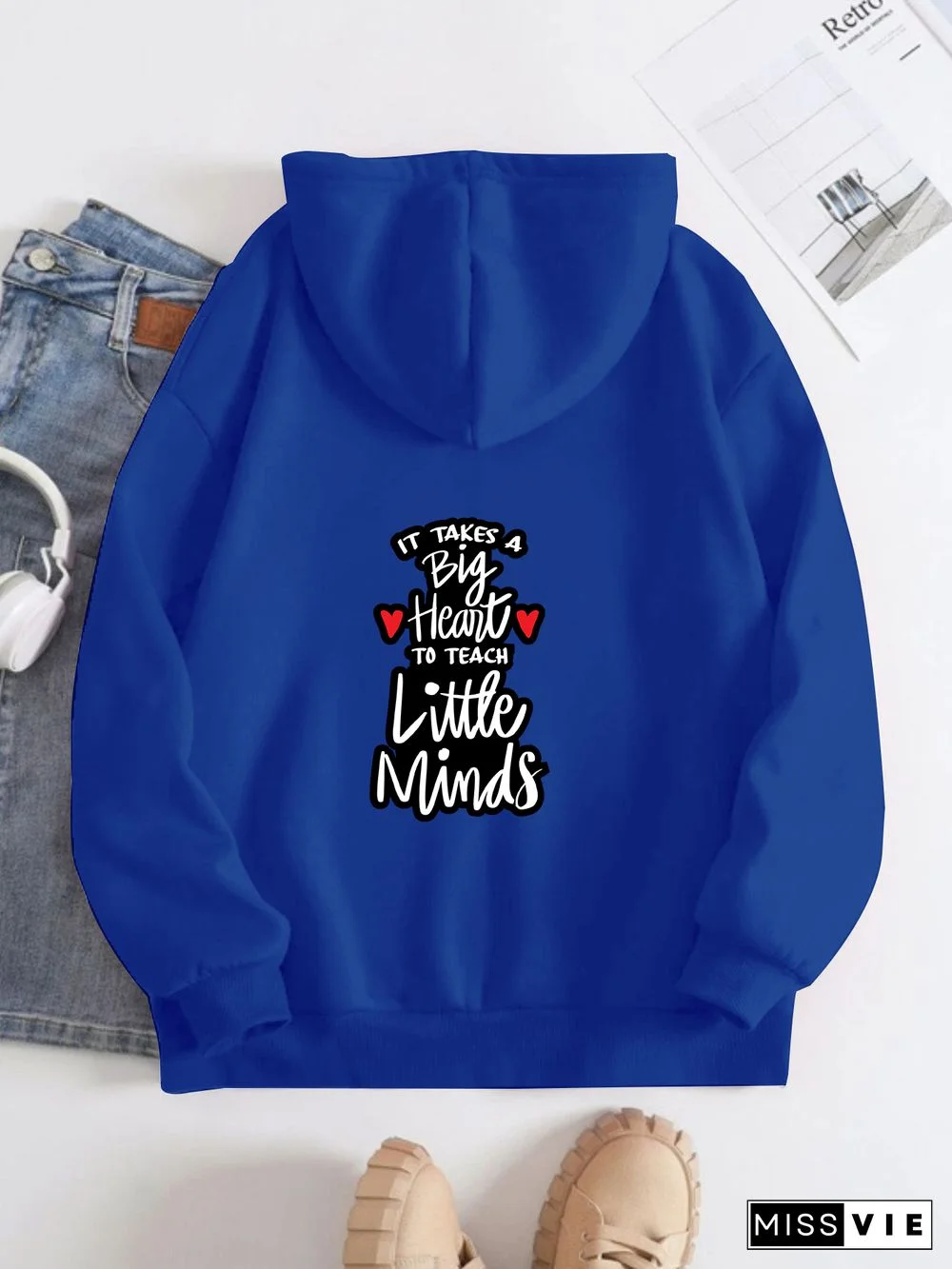 Printed on the Back Kangaroo Pocket Hoodie Long Sleeve for Women Pattern Big heart to teach