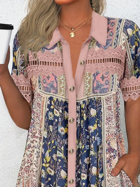 (PRE ORDER)Women's Short Sleeve V-neck Graphic Lace Buttons Tops