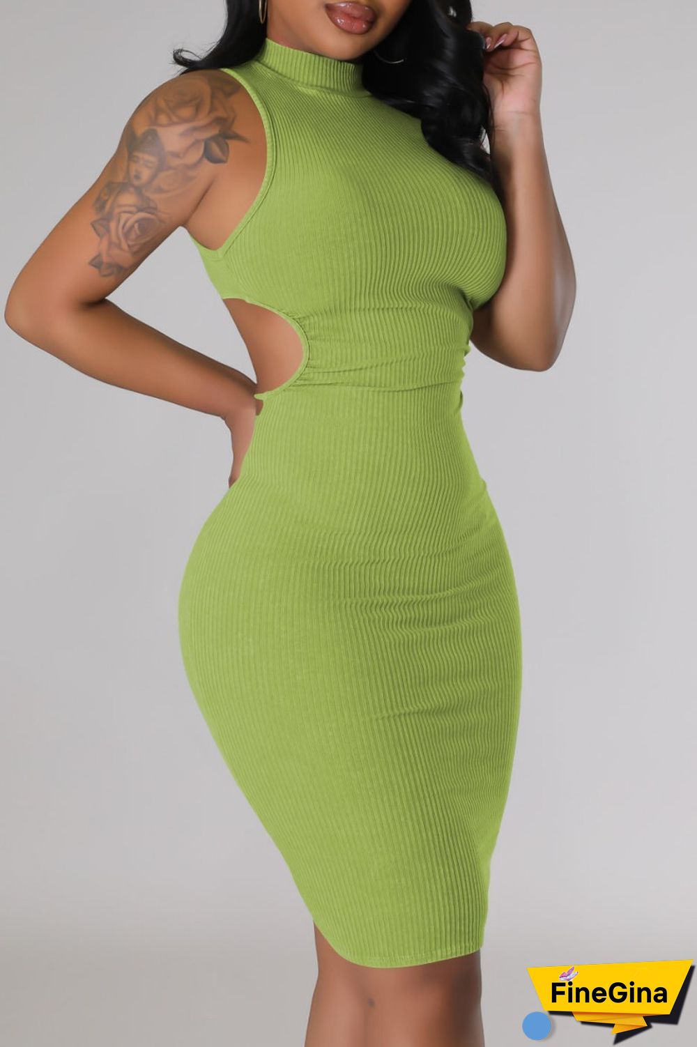 Cream White Casual Solid Hollowed Out Turtleneck Sleeveless Dress Dresses