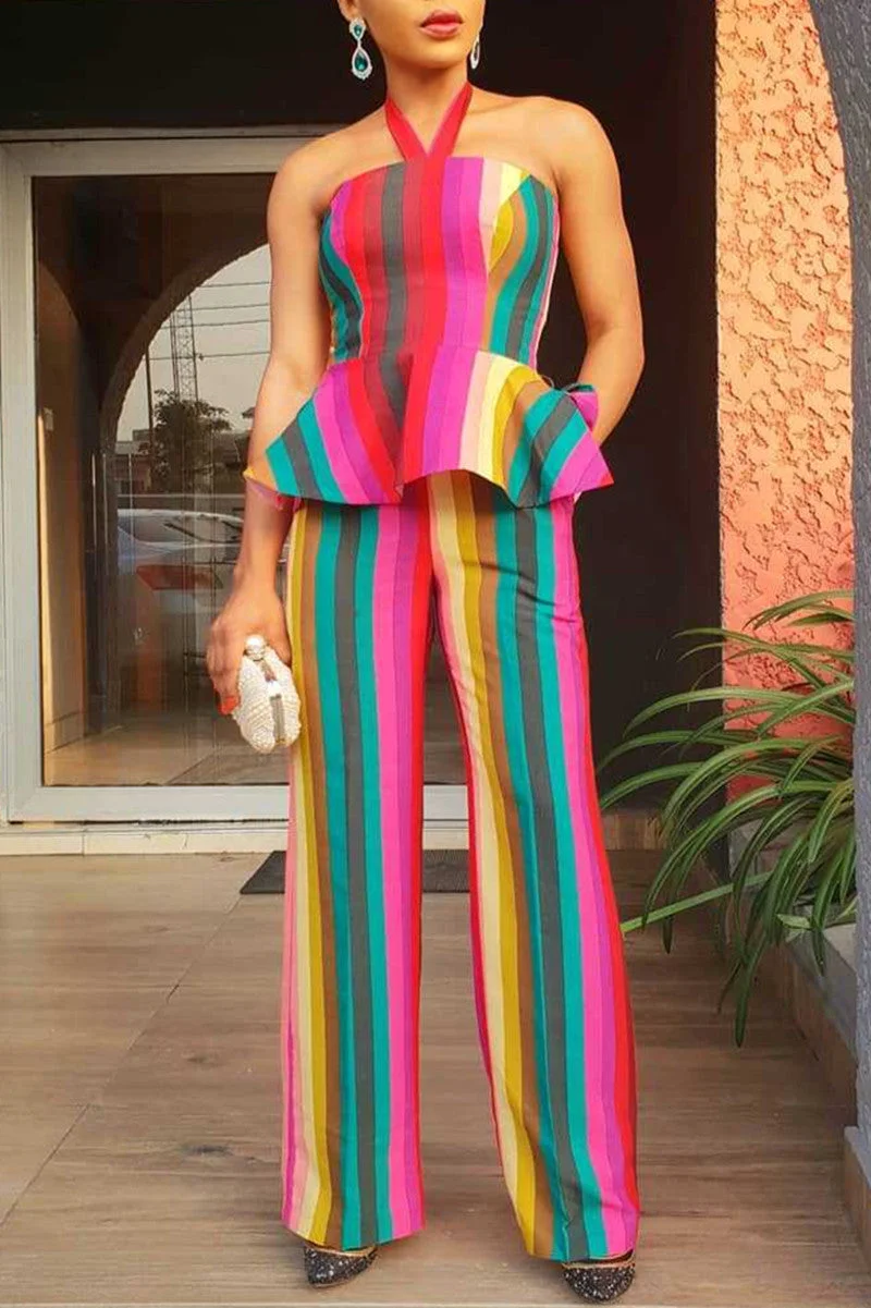 Fashion Sexy Striped Print Backless Strapless Sleeveless Two Pieces
