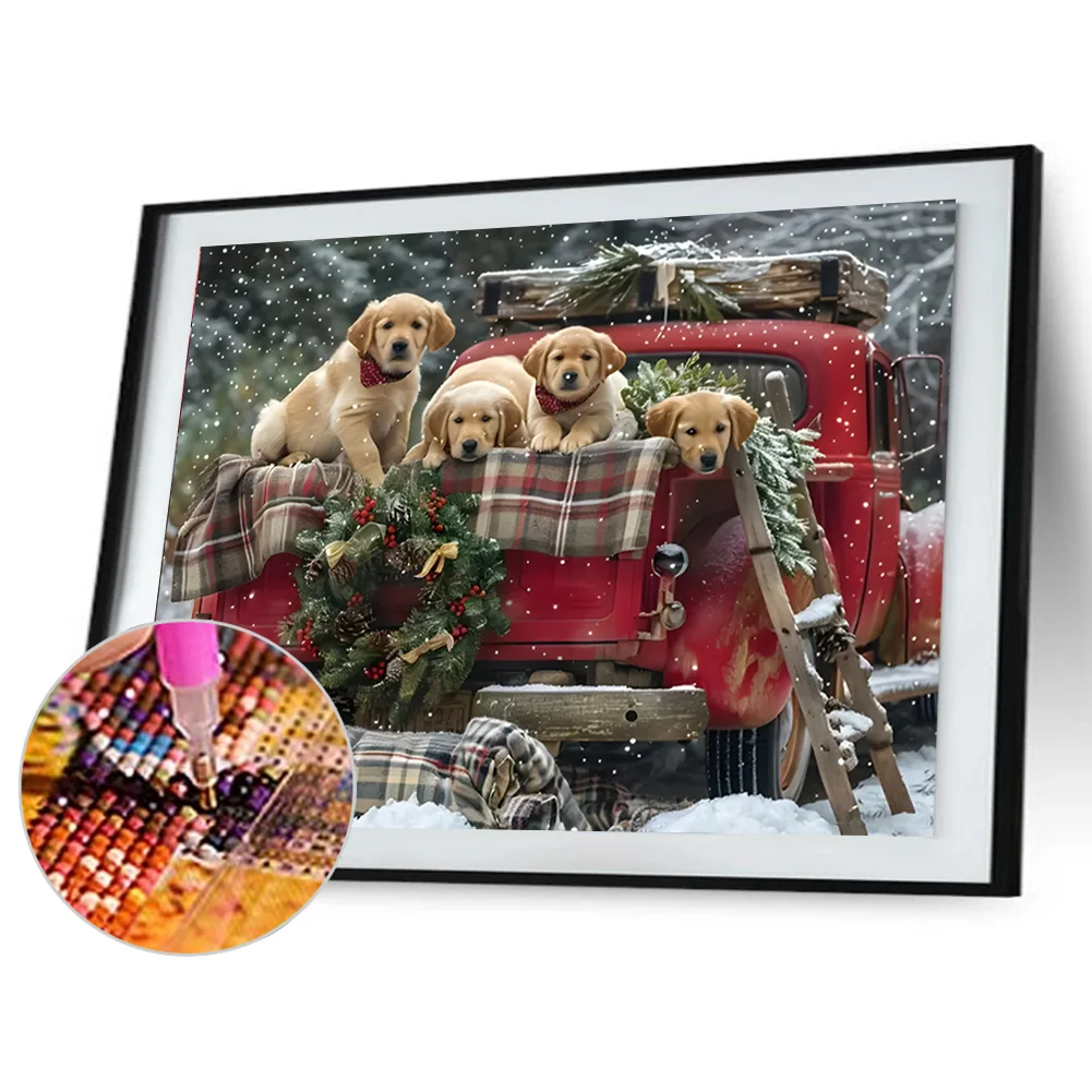Diamond Painting - Full Round Drill - Xmas Car Dogs(Canvas|40*30cm)