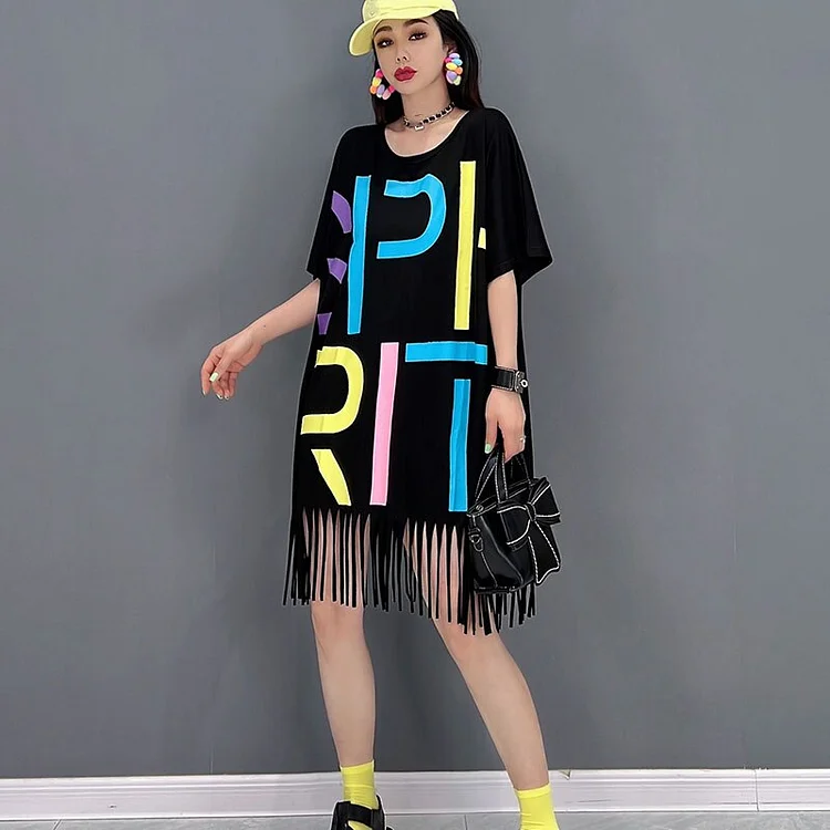 Casual O-neck Letter Printed Short Sleeve Tassel Hem T-Shirt Dress 