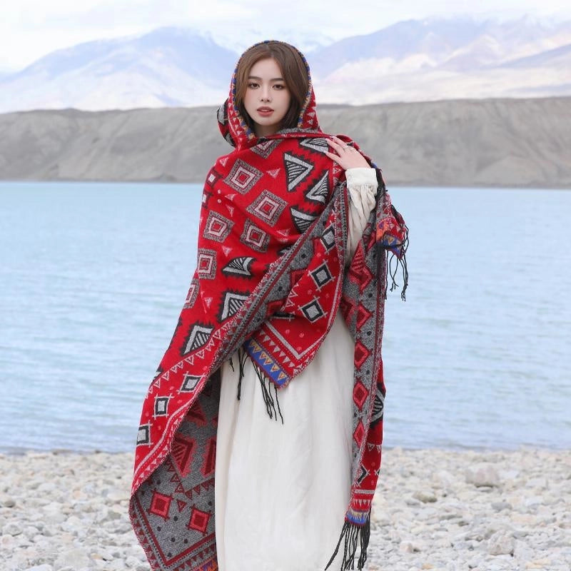 Ethnic Style Hooded Shawl Cloak Lijiang Xinjiang Tibet Northwest Tourism Wear Photograph Warm Outer Cape