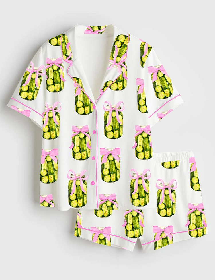 Women&rsquo;s Coquette Pickle Lovers Fancy Girl Who Loves Pickles Print Short Sleeve Satin Pajama Set