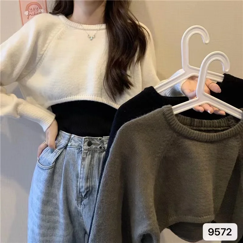 Uveng Uveng Knitted Jersey Women's Spring And Autumn 2023 New High-Waist Half-Sleeved Laziness Sweater Hoodie