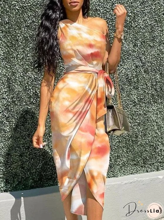 Sleeveless Oblique Shoulder Gradient Irregular Dress for Women