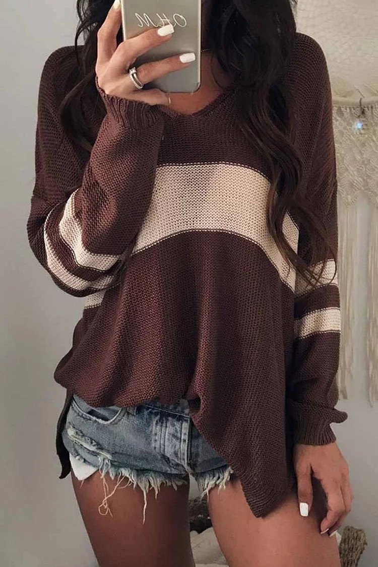 Casual V-neck Striped Color-block Knitted Sweater